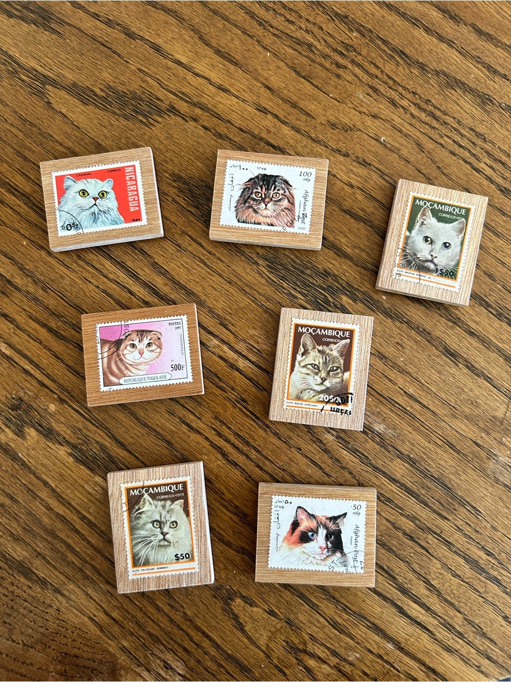 Handmade Vintage Postage Stamp Magnets On Wood • CATS you pick one